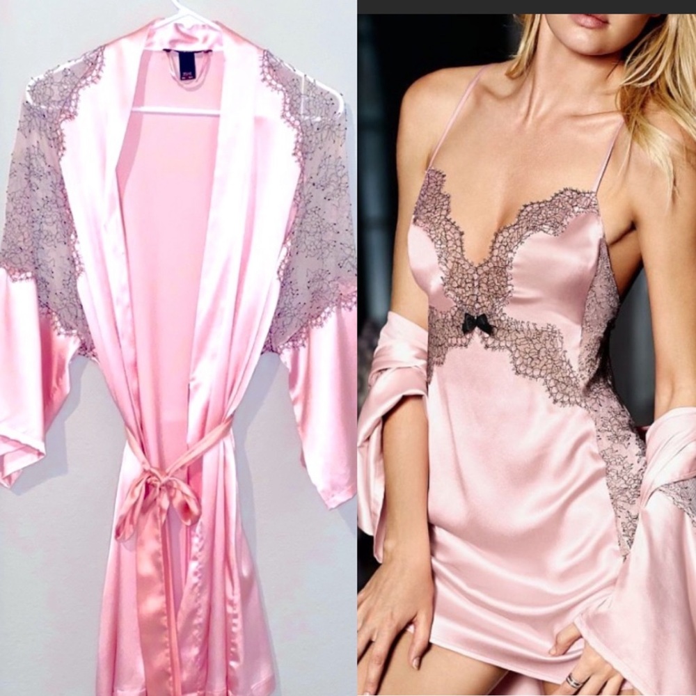 2 Piece Matching Set: s/m Robe + Small Slip Night Gown Chantilly Lace Satin Pink